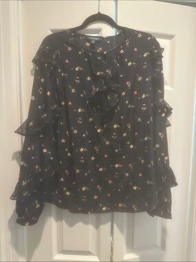 Lauren Ralph Lauren Black Floral Ruffle Tie-Neck Blouse